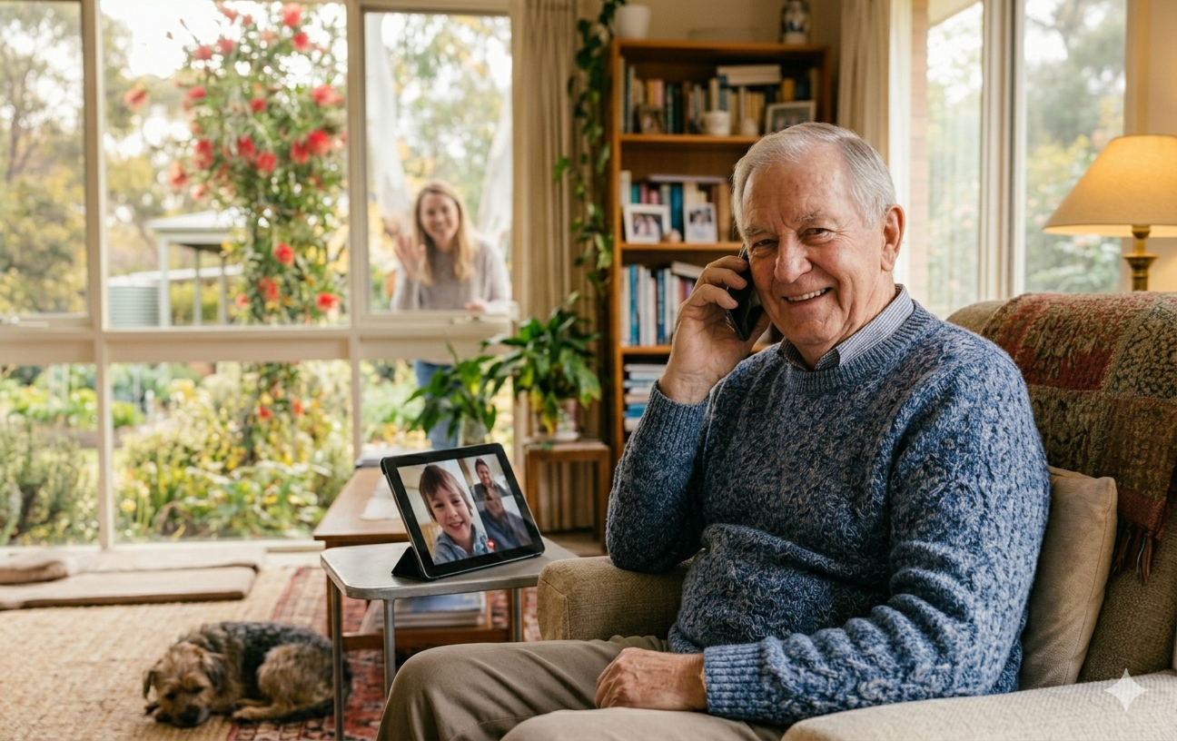 elderly Australian using CareCob AI companion at home with family connection
