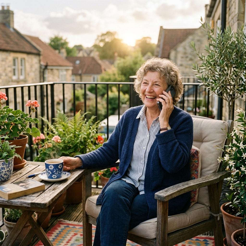 Independent senior enjoying coffee on balcony