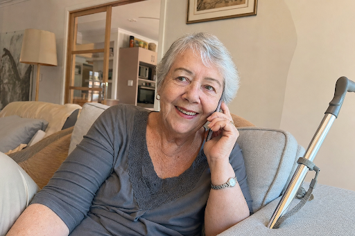 Elderly woman answering phone at home for daily CareCob check-in