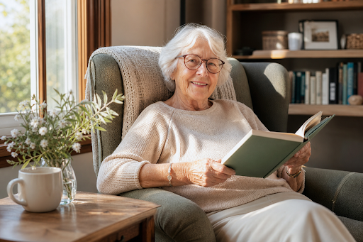 Warm photo of elderly woman at home — comfortable