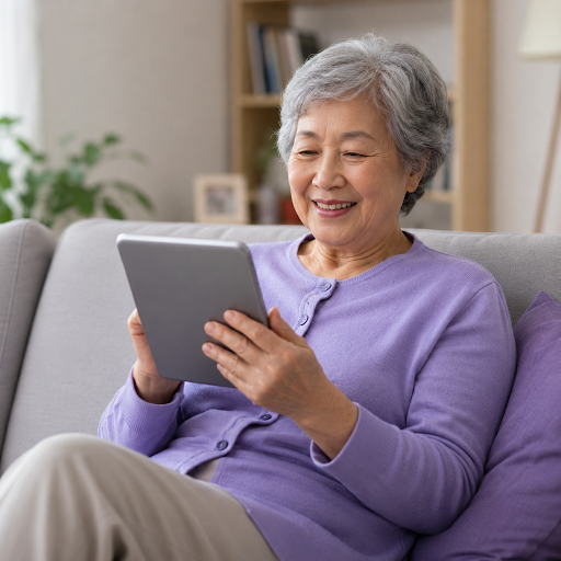 Smiling woman enjoying her tablet