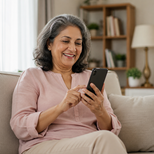 Smiling woman enjoying her smartphone