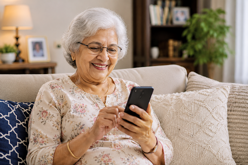 An Old Woman Relaxing with technology in a cozy home