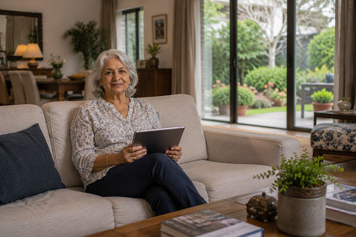 Cosy living room with elderly woman