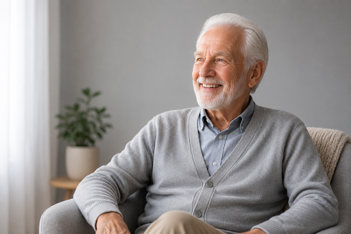 Smiling Elderly Man in Cozy Lounge
