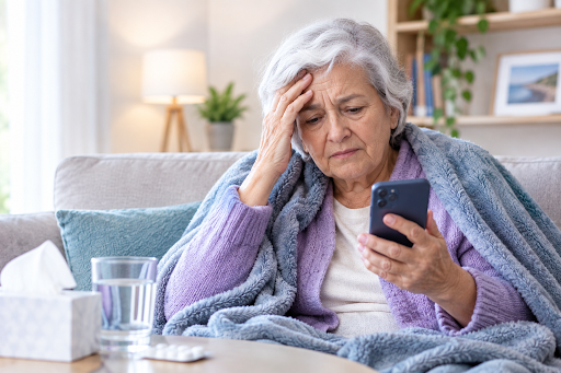 Worried Senior with Smartphone and Medicine