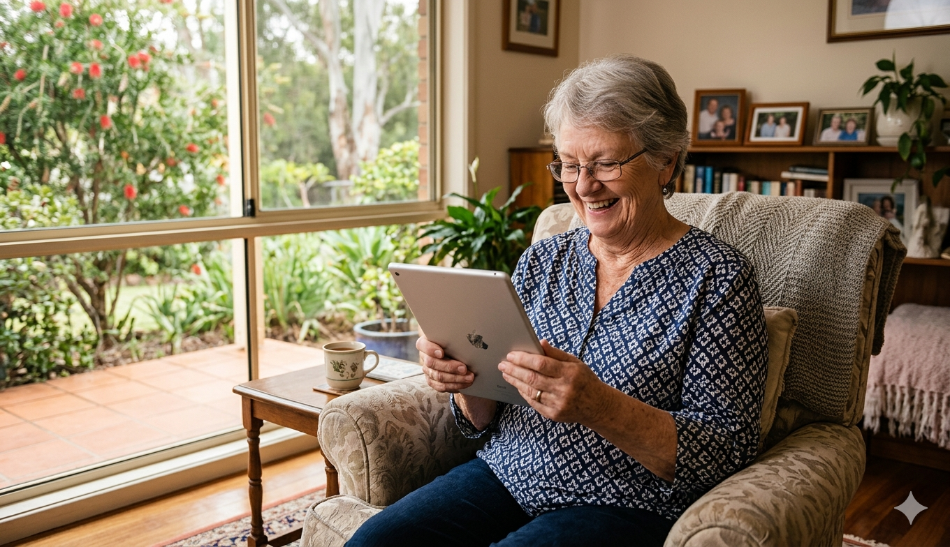elderly Australian woman using CareCob AI companion app at home
