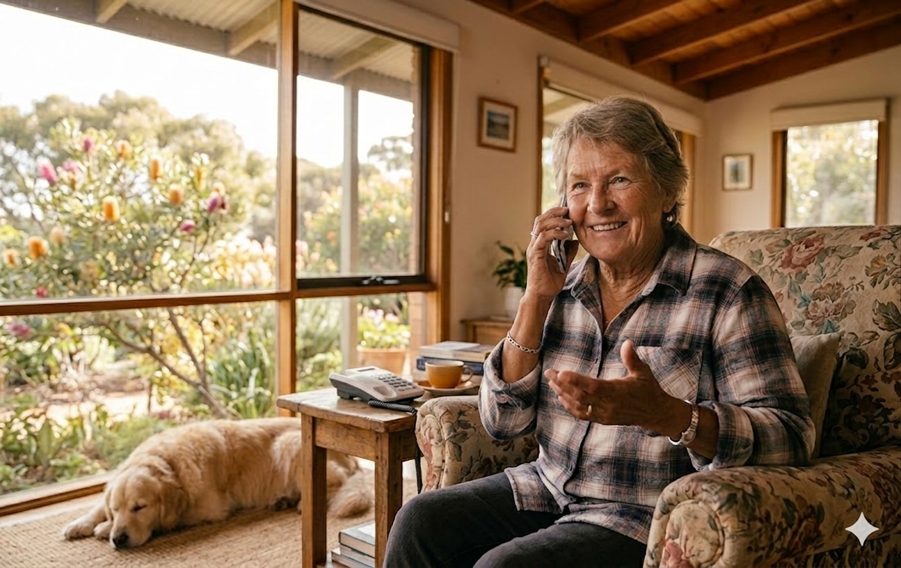 elderly Australian answering phone call from CareCob AI companion Grace