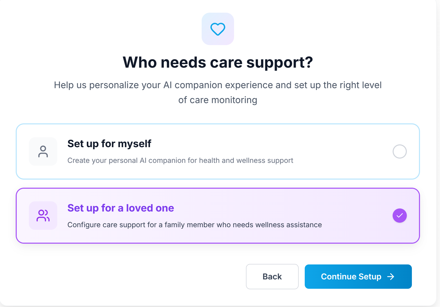 profile setup screen for CareCob family onboarding